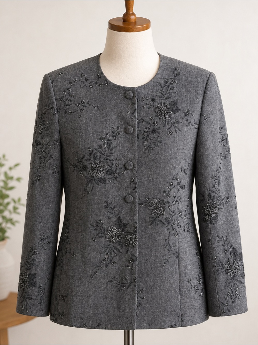 Vintage Alfred Dunner Grey Beaded 100% Wool Blazer Jacket 10 Made In USA